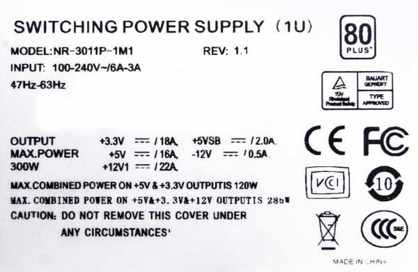 Блок питания 1U ATX NR-3011P-1M1 300Вт , активный PFC, EPS12V, 1U, КПД 80%, Negorack — изображение 3