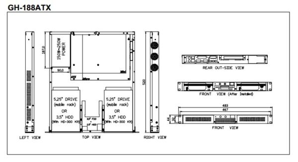 Серверный корпус 1U GH-188ATX (EATX 9x12, 2x5.25ext, 1x3.5ext,, 520mm), AKIWA, Тайвань — изображение 4