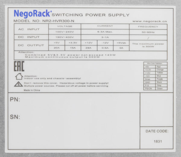 Блок питания ATX NR2-HVR300-N 2x300Вт с резервированием, КПД 95% PFC, EPS12V, 1U, Negorack — изображение 10