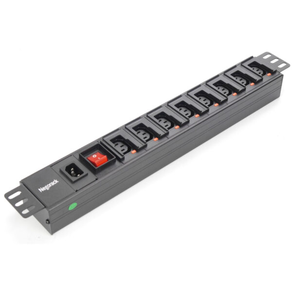 Блок силовых розеток в стойку 19" NR-PDU8C13-SW-L, 8 розеток C13 с фиксатором, 10А, выкл, гнездо C14